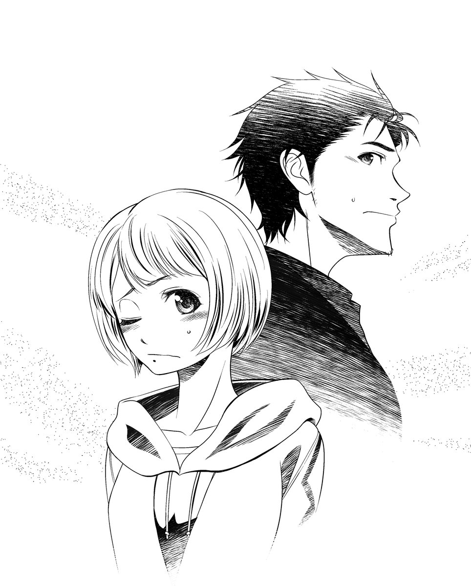 eibon, nakase katsumi, okabe rintarou, science adventure, steins;gate, steins;gate 0, highres, 1boy, 1girl, blush, closed mouth, collarbone, greyscale, hood, hood down, hooded jacket, hoodie, jacket, long sleeves, looking at viewer, male focus, monochrome, one eye closed, short hair, signature, simple background, upper body, white background