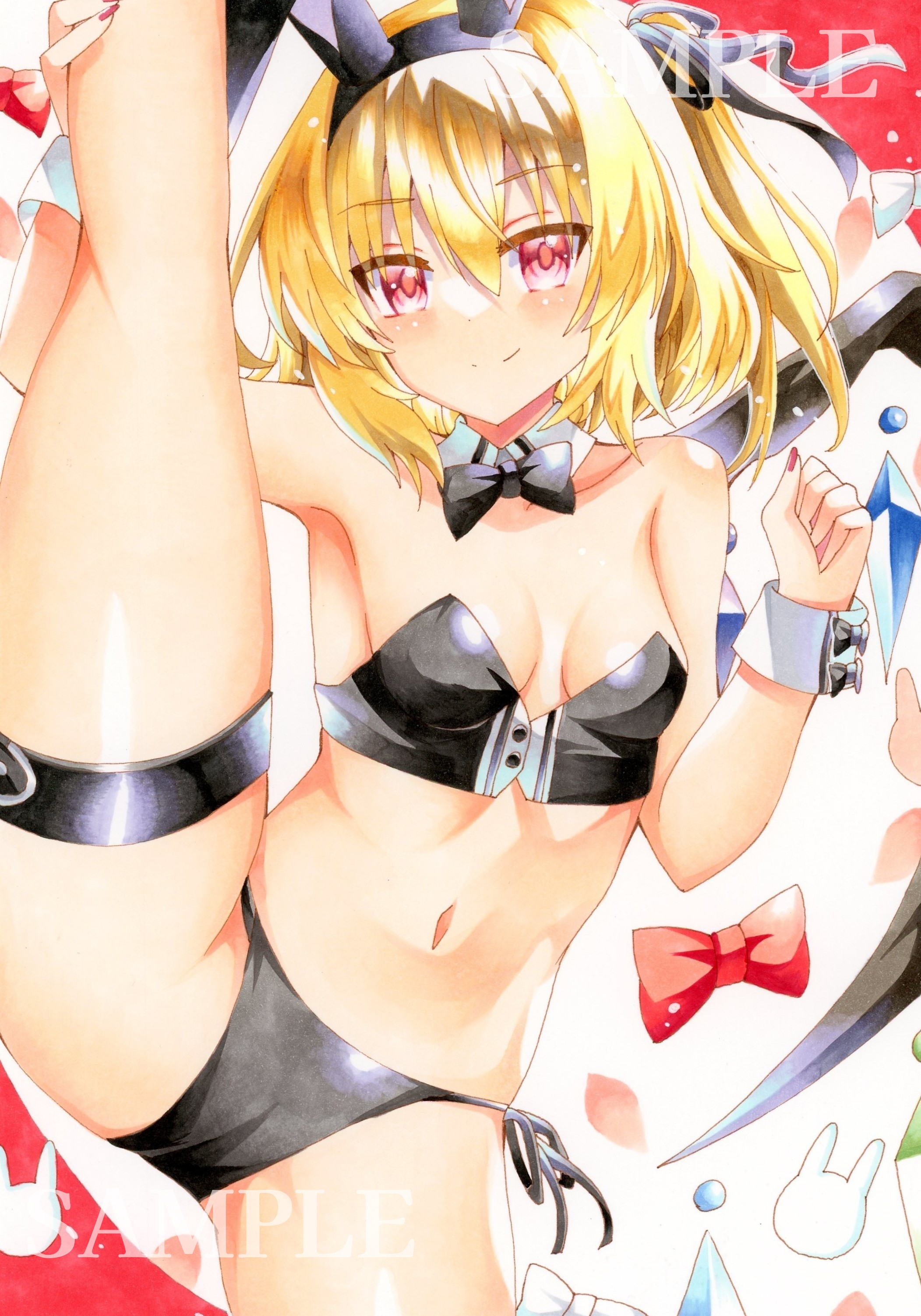huyugiri luna, flandre scarlet, touhou, absurdres, highres, marker (medium), traditional media, 1girl, alternate costume, animal ears, bare shoulders, bikini, black bikini, black bow, blonde hair, blush, bow, bowtie, breasts, cameltoe, detached collar, fake animal ears, hair between eyes, leg up, leotard, looking at viewer, navel, playboy bunny, rabbit ears, red eyes, short hair, small breasts, solo, split, standing, standing on one leg, standing split, swimsuit, tail, thigh strap, wrist cuffs
