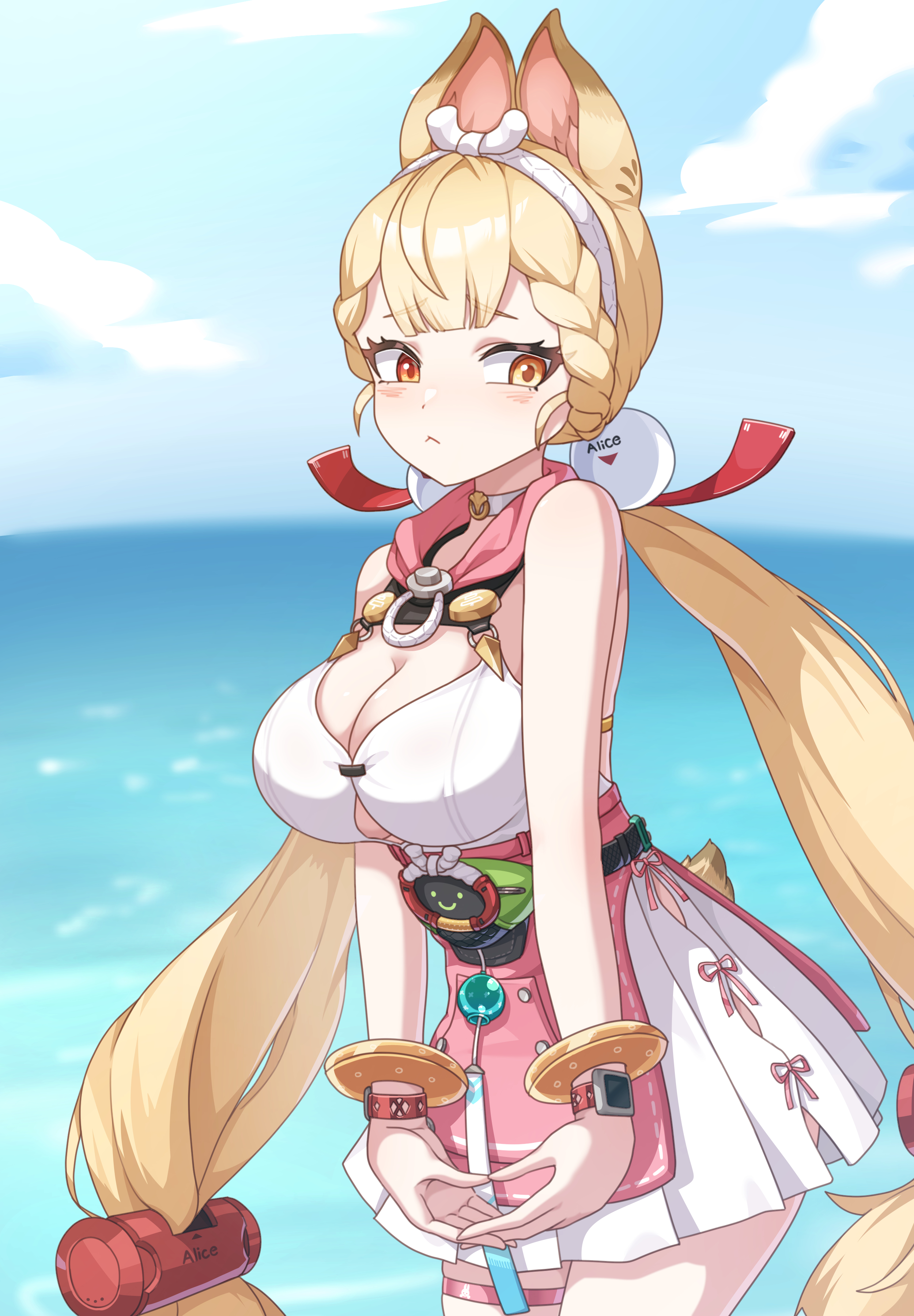 ekal 001, alice thymefield, alice thymefield (sea of thyme), zenless zone zero, absurdres, commentary, highres, 1girl, :<, animal ears, bare shoulders, blonde hair, blue sky, breasts, cleavage, cowboy shot, dress swimsuit, heterochromia, long hair, looking at viewer, low twintails, ocean, official alternate costume, orange eyes, rabbit ears, rabbit girl, rabbit tail, sky, sphere hair ornament, swimsuit, tail, thigh strap, twintails, yellow eyes