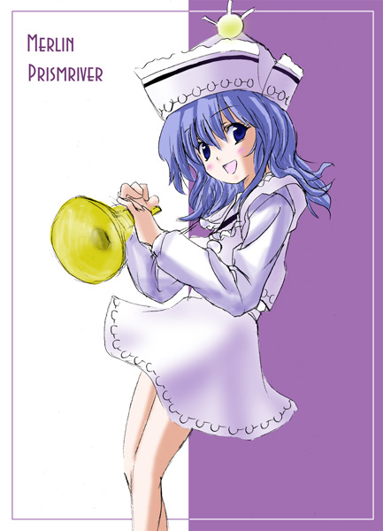 merlin prismriver, touhou, 1girl, character name, female focus, hat, instrument, solo, trumpet