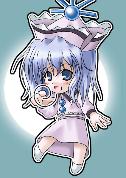 kukyo, merlin prismriver, touhou, md5 mismatch, 1girl, :d, blue eyes, blue hair, chibi, female focus, hat, matching hair/eyes, open mouth, short hair, smile, solo