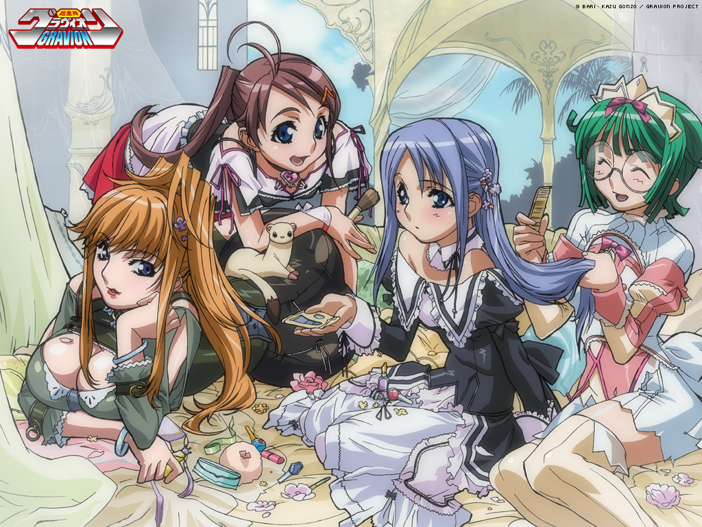 oobari masami, eina, gusuku luna, gusuku runa, leele, tachibana mizuki, choujuushin gravion, official art, 00s, 4girls, ass, breasts, cleavage, cleavage cutout, clothing cutout, dress, everyone, glasses, large breasts, lipstick, makeup, medium breasts, multiple girls
