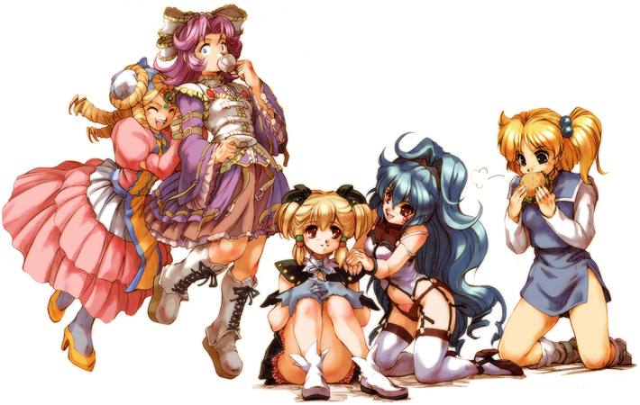 hisahiko, alfimi, irui guneden, latune subbota, presia zenoskis, shine hausen, banpresto, super robot wars, super robot wars original generation, super robot wars the lord of elemental, 5girls, blonde hair, blue hair, boots, bow, burger, closed eyes, dress, drill hair, drinking, eating, everyone, food, garter belt, hair bobbles, hair bow, hair ornament, kneeling, loli, long hair, midriff, multiple girls, pink hair, red eyes, sitting, thighhighs, twintails