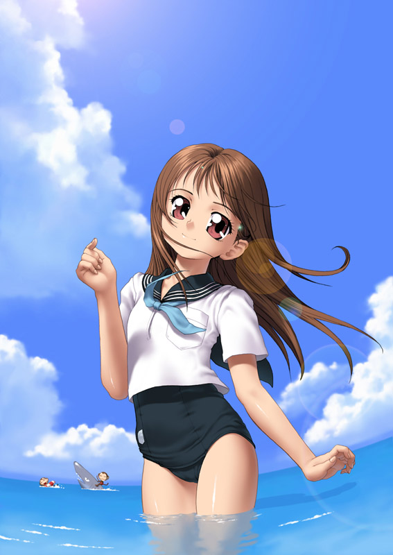 circle garyuu, garyuu (nanoha), original, 1girl, black one-piece swimsuit, brown eyes, brown hair, day, female focus, head tilt, lens flare, long hair, no pants, ocean, one-piece swimsuit, outdoors, school swimsuit, school uniform, serafuku, sky, smile, solo, swimsuit, swimsuit under clothes, wading