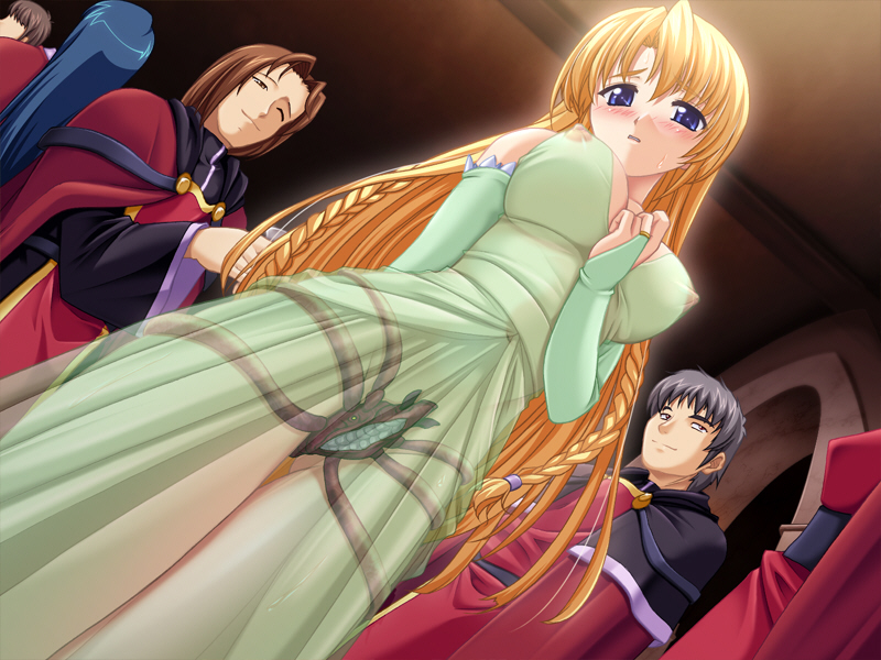 alfina (venus blood), ninetail (company), venus blood, game cg, 1girl, 2boys, blonde hair, blue eyes, blush, braid, breasts, bridal gauntlets, covered erect nipples, dress, dutch angle, embarrassed, exhibitionism, from below, humiliation, large breasts, living clothes, monster, multiple boys, nipples, no bra, no panties, parasite, public indecency, public nudity, pussy eating monster, see-through clothes, tentacle clothes, tentacles, tentacles under clothes, thigh gap, thighs, twin braids