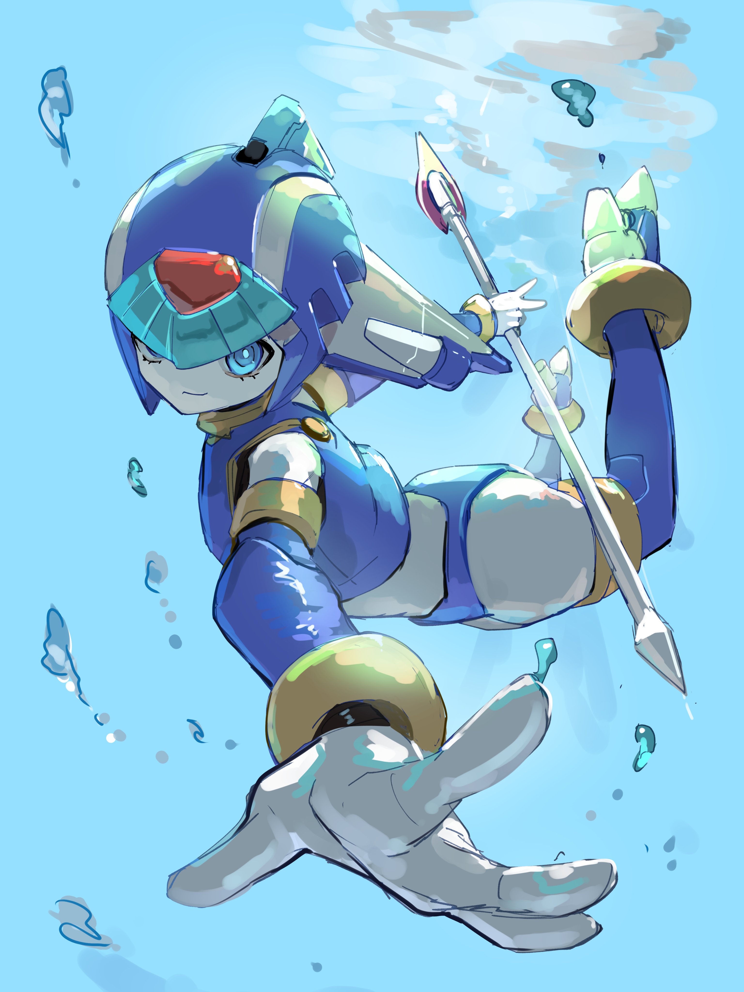 omochi (mochi skymega), fairy leviathan (mega man), mega man (series), mega man zero (series), absurdres, highres, 1girl, air bubble, armor, blue armor, blue eyes, blue helmet, bubble, fins, forehead jewel, full body, head fins, helmet, holding, holding polearm, holding weapon, polearm, solo, spear, underwater, weapon