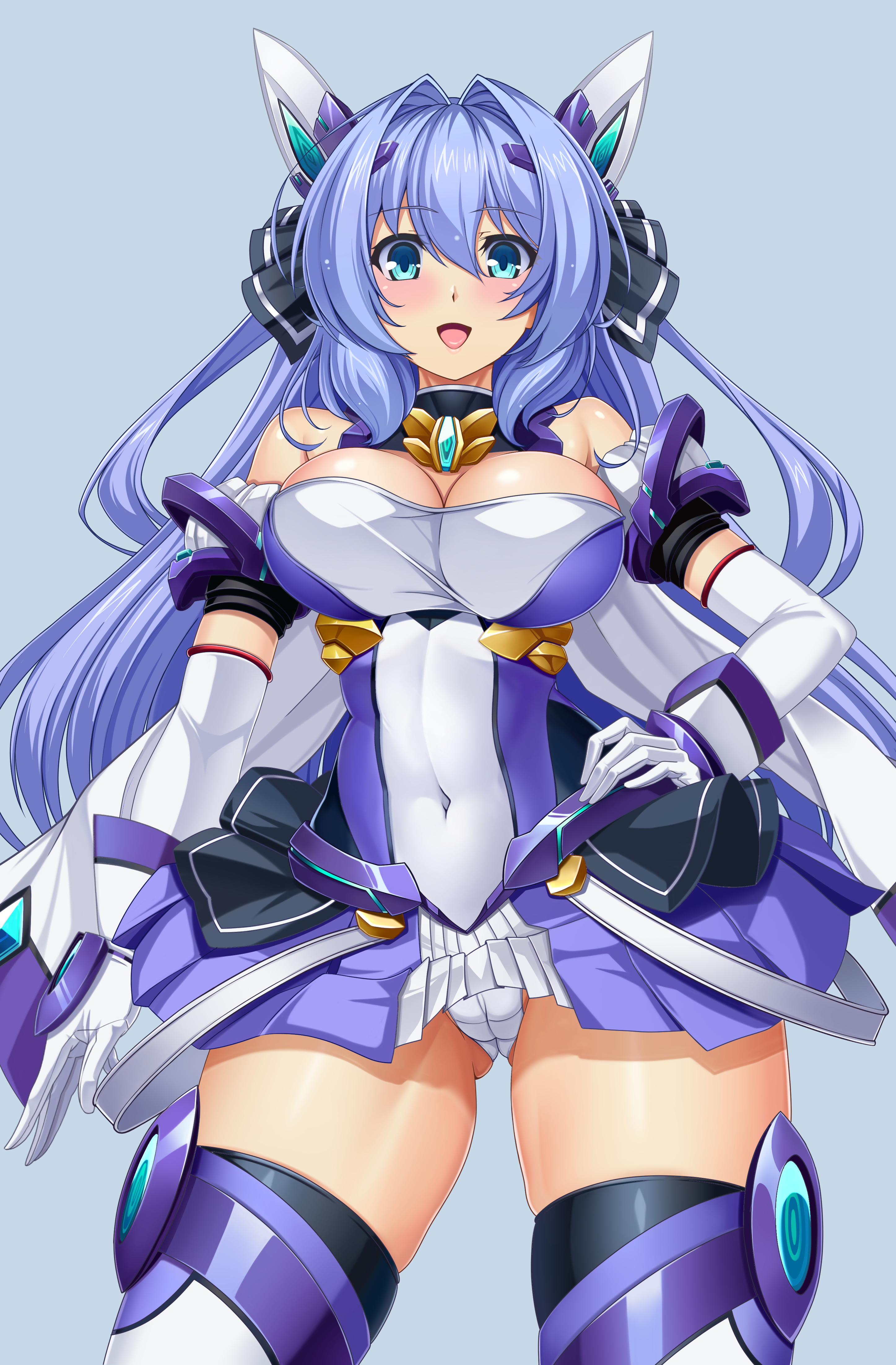 harold japan, exs-tia, katsuragi marina, kouyoku senki exs-tia, absurdres, commission, highres, skeb commission, 1girl, :d, bare shoulders, blue background, blue eyes, blue hair, blush, breasts, cameltoe, cleavage, covered navel, cowboy shot, dress, elbow gloves, exs-tia (exs-tia 3), gloves, gluteal fold, hair between eyes, hair intakes, hand on own hip, headgear, large breasts, leotard, long hair, looking at viewer, open mouth, panties, shiny skin, short dress, simple background, skindentation, skirt, smile, solo, standing, thighhighs, thighs, underwear, very long hair, white gloves, white thighhighs