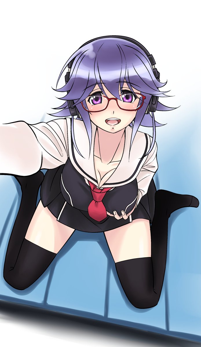 eibon, kazuki hana, chaos;child, science adventure, highres, 1girl, black thighhighs, blue hair, blush, breasts, cleavage, close-up, collarbone, dress, dress vest, glasses, grabbing own breast, hair between eyes, hekiho academy school uniform, large breasts, long hair, long sleeves, looking at viewer, necktie, no shoes, open mouth, purple eyws, red necktie, sailor collar, school uniform, shirt, short hair, sidelocks, smile, solo, thick thighs, thighhighs, thighs