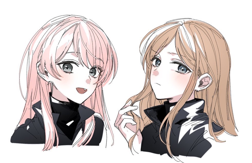 nutella 1231, chihaya anon, nagasaki soyo, bang dream!, bang dream! it's mygo!!!!!, commentary, hashtag-only commentary, 2girls, black jacket, brown hair, closed mouth, fang, grey eyes, jacket, long hair, looking at viewer, multiple girls, open mouth, pink hair, sidelocks, simple background, twirling hair, upper body, white background