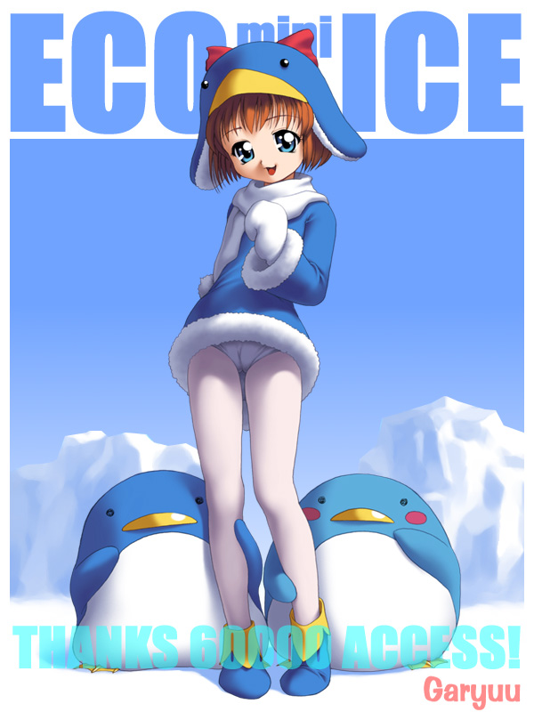 circle garyuu, ecoco, ekokuice, 1girl, animal hat, bird, blue eyes, cameltoe, circle name, female focus, flat chest, full body, fur trim, glacier, hat, ice, knees, legs, loli, long legs, milestone celebration, mittens, orange hair, panties, panties over pantyhose, pantyhose, pantyshot, penguin, scarf, solo, standing, thighs, underwear, upskirt, white pantyhose