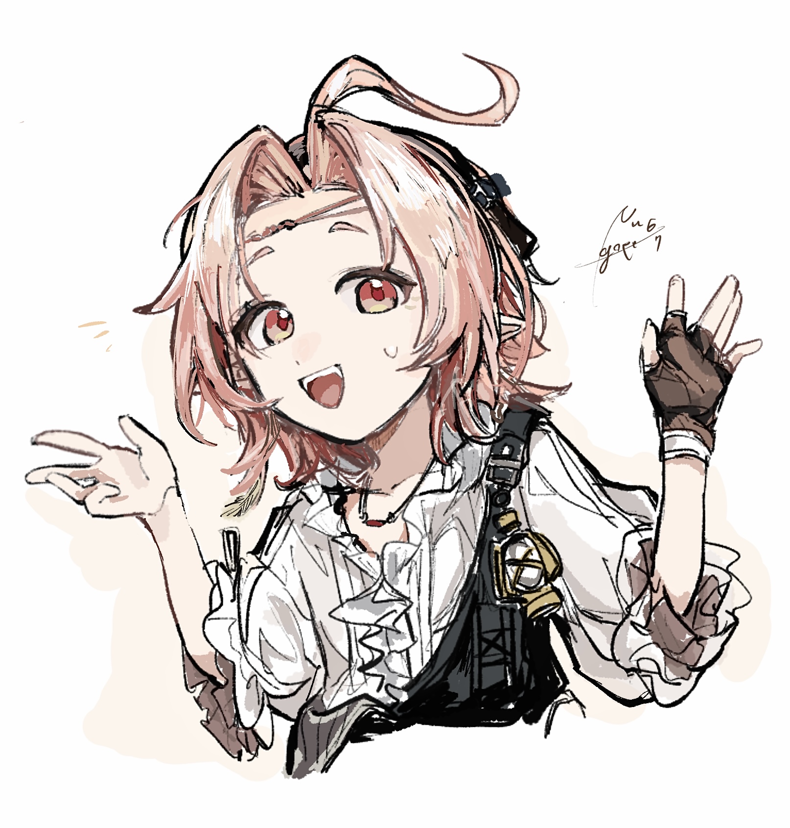 rose salt (arknights), arknights, commentary request, highres, 1girl, ahoge, earrings, feather earrings, feathers, fingerless gloves, gloves, huge ahoge, jewelry, lantern, long hair, looking at viewer, nugope (10daikun osi), open mouth, pink hair, pointy ears, shirt, simple background, single fingerless glove, solo, teeth, upper teeth only, white background, white shirt