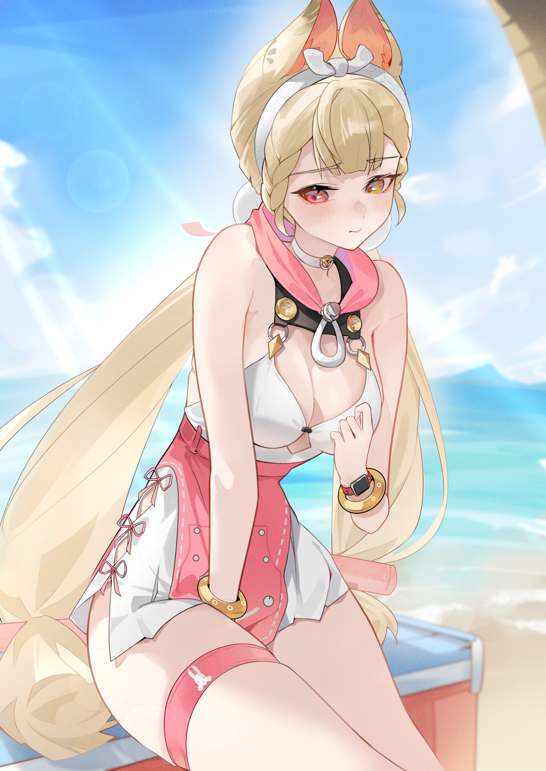 leo795, alice thymefield, alice thymefield (sea of thyme), zenless zone zero, absurdres, commentary, highres, 1girl, animal ears, bare shoulders, beach, blonde hair, blue sky, breasts, cleavage, dress swimsuit, heterochromia, long hair, looking at viewer, low twintails, ocean, official alternate costume, rabbit ears, rabbit girl, red eyes, sitting, sky, solo, sphere hair ornament, swimsuit, thigh strap, twintails, yellow eyes
