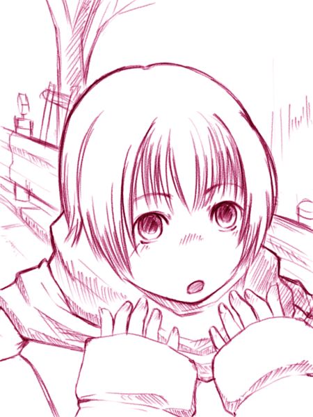 hidari kagetora, 1girl, cold, female focus, monochrome, pink theme, scarf, sketch, solo
