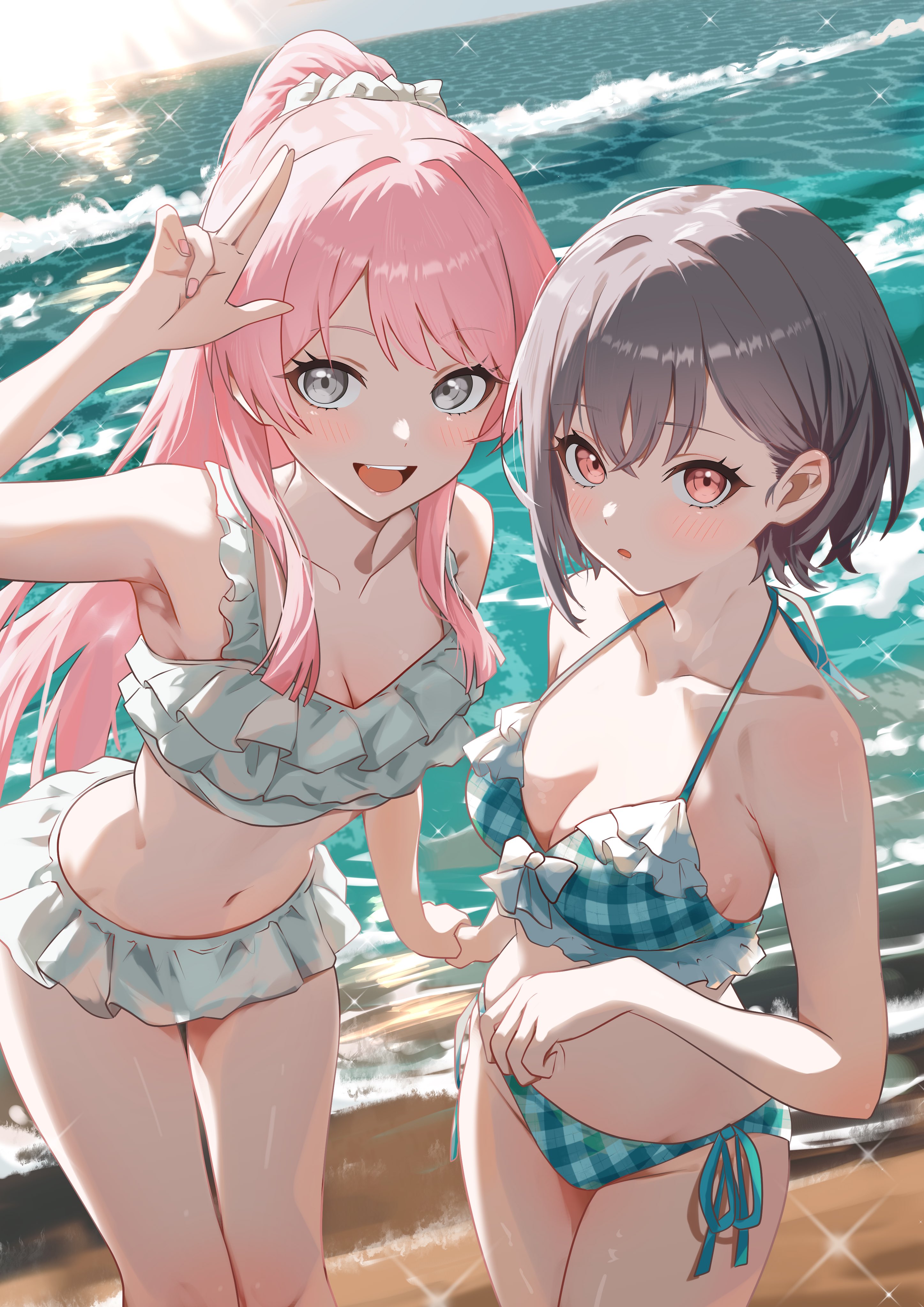 houji tea latte, chihaya anon, takamatsu tomori, bang dream!, bang dream! it's mygo!!!!!, absurdres, commentary, hashtag-only commentary, highres, 2girls, bikini, blue bikini, blush, breasts, brown eyes, cleavage, frilled bikini, frills, grey eyes, grey hair, hair ornament, hair scrunchie, halterneck, holding hands, long hair, medium breasts, multiple girls, ocean, open mouth, pink hair, plaid bikini, plaid clothes, ponytail, scrunchie, short hair, side-tie bikini bottom, swimsuit, teeth, upper teeth only, white bikini, white scrunchie