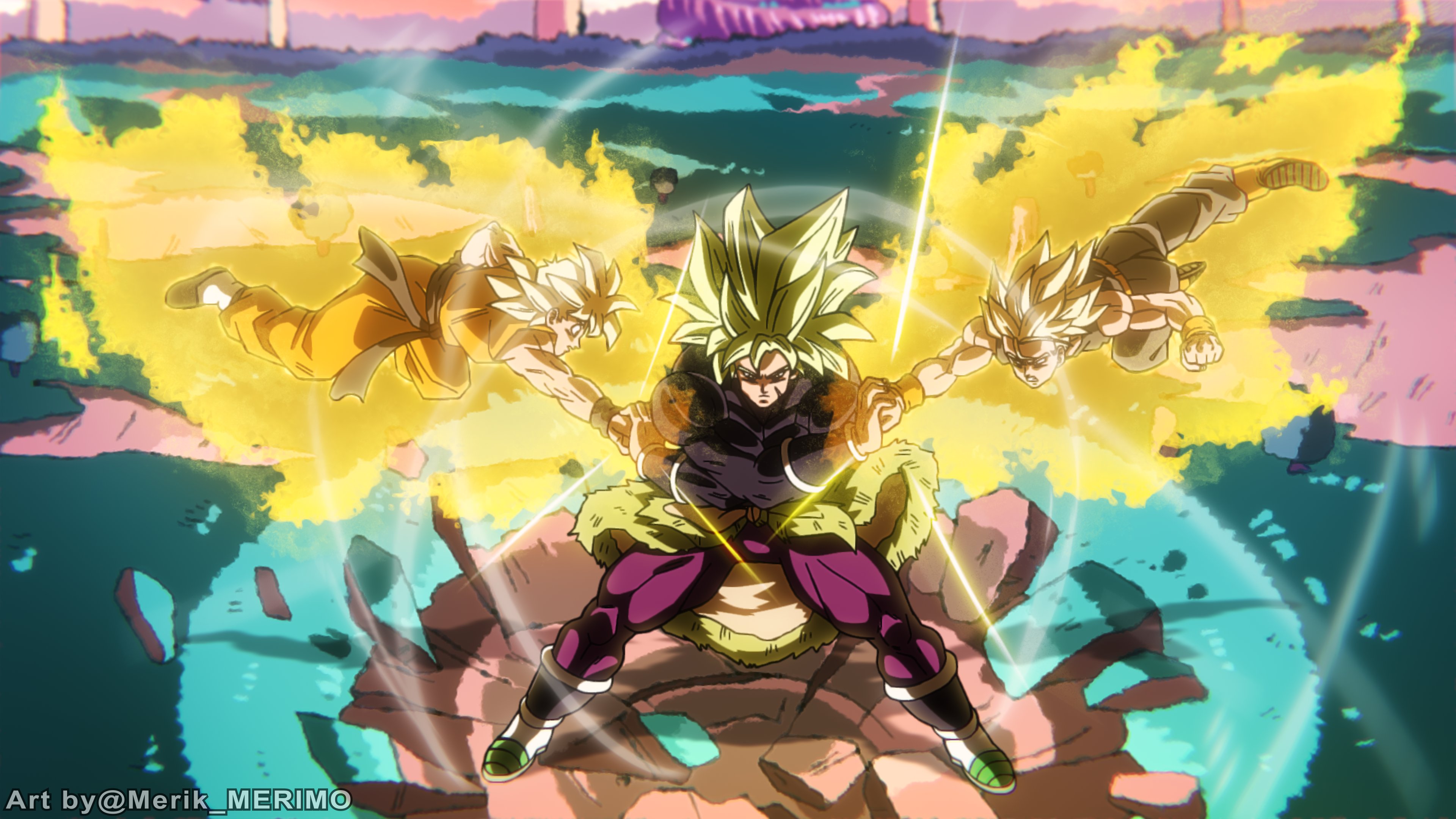merik (merimo), broly (dragon ball super), son goten, trunks (dragon ball), dragon ball, dragon ball super, absurdres, highres, 3boys, artist name, aura, battle, black bodysuit, black shirt, blonde hair, bodysuit, clenched hands, dougi, full body, green hair, grey pants, legendary super saiyan, long hair, male focus, medium hair, midair, multiple boys, muscular, muscular male, orange pants, orange shirt, pants, punching, purple pants, shirt, short hair, skin tight, spiked hair, super saiyan, super saiyan 1, surprised
