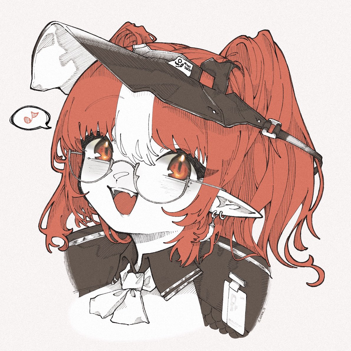 o eeee o, wulfenite (arknights), arknights, commentary request, 1girl, close-up, fangs, glasses, id card, long hair, multicolored hair, musical note, open mouth, orange eyes, orange hair, pointy ears, semi-rimless eyewear, solo, spoken musical note, teeth, two-tone hair, under-rim eyewear, upper teeth only, visor cap, white hair
