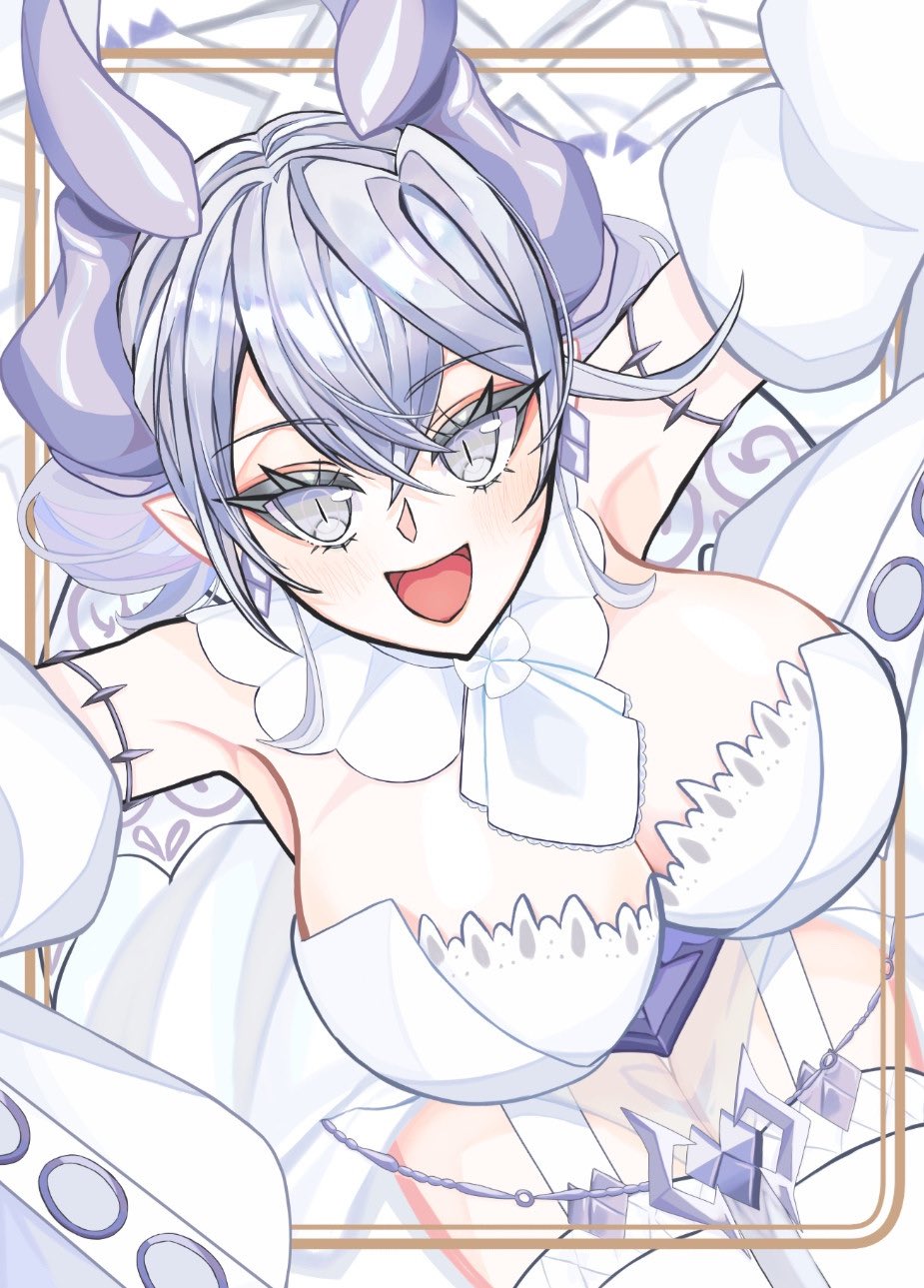 sira tise, lovely labrynth of the silver castle, yu-gi-oh!, highres, 1girl, armpits, bent over, breasts, cleavage, cowboy shot, demon girl, demon horns, demon wings, dress, drill hair, duel monster, eyelashes, grey eyes, grey hair, horns, large breasts, looking at viewer, open mouth, pointy ears, reaching, reaching towards viewer, smile, solo, strapless, strapless dress, thighhighs, twin drills, white background, white thighhighs, white wings, wings