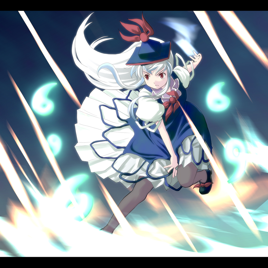 haniwa, haniwa (leaf garden), kamishirasawa keine, touhou, eyebrows, 1girl, attack, black shoes, blue dress, blue hat, danmaku, dress, female focus, footwear ribbon, hat, hat ribbon, lace, lace-trimmed skirt, lace trim, laser, letterboxed, long hair, magatama, pantyhose, red eyes, red ribbon, ribbon, shaded face, shoes, skirt, solo, spell card, white dress, white hair