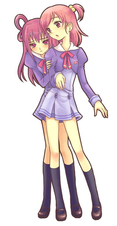 mizunomoto, dark dream, yumehara nozomi, precure, yes! precure 5, 00s, 2girls, dark cure (yes! precure 5), eyelashes, hair bobbles, hair ornament, long hair, multiple girls, one side up, pink eyes, pink hair, purple skirt, school uniform, shy, skirt