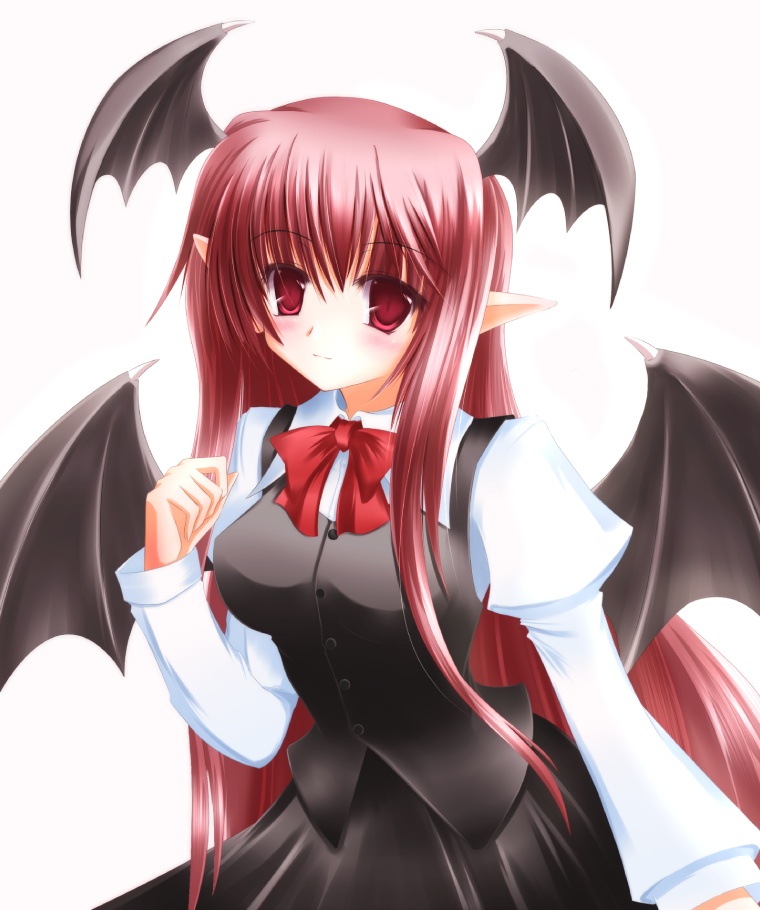 shirotsuki kouta, koakuma, embodiment of scarlet devil, touhou, 1girl, bat wings, bow, dress, female focus, head wings, long hair, pointy ears, red hair, solo, wings