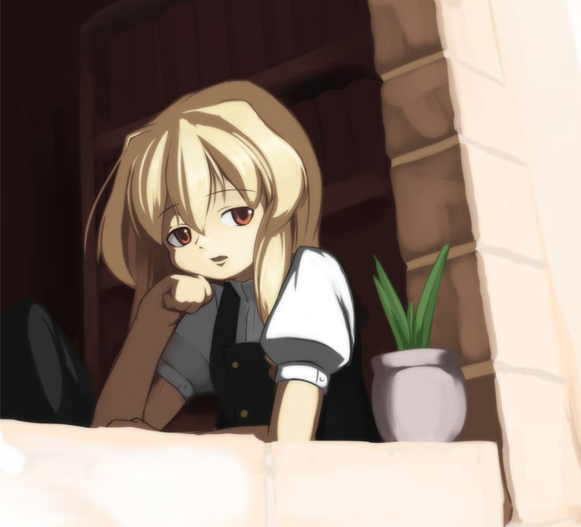 asakura masatoki, kirisame marisa, touhou, looking away, 1girl, blonde hair, bored, brown eyes, female focus, flower pot, head rest, open mouth, plant, potted plant, solo, window