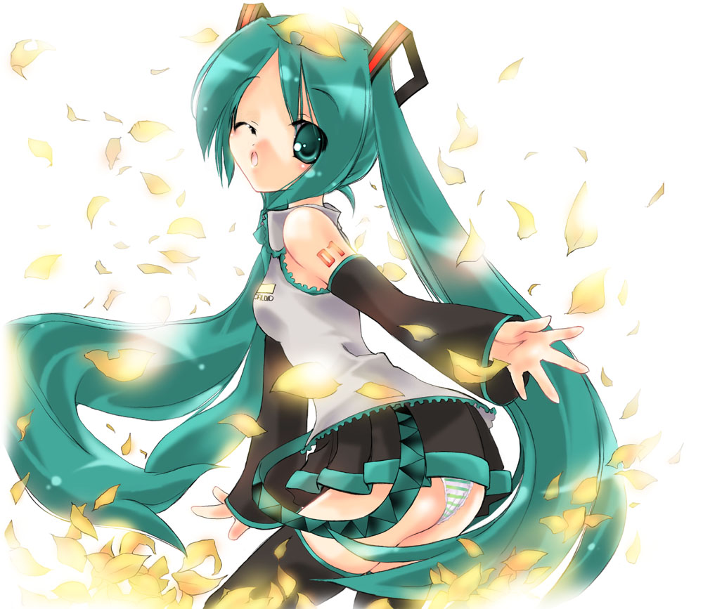 nyanmilla, hatsune miku, vocaloid, 1girl, aqua hair, female focus, long hair, panties, solo, striped clothes, striped panties, thighhighs, twintails, underwear, very long hair