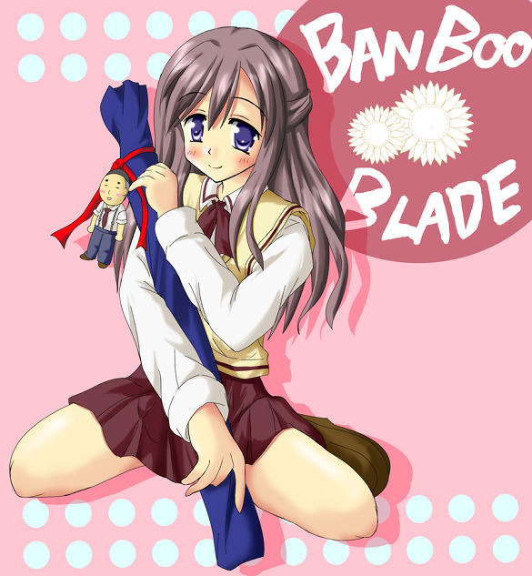 hiiragi tomoka, eiga danjuurou, miyazaki miyako, bamboo blade, 00s, 1girl, blush, character doll, copyright name, doll, female focus, half updo, loafers, shoes, skirt, smile, solo, sweater vest, weapon bag