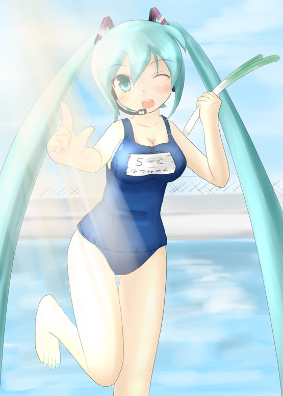 hatsune miku, vocaloid, 1girl, aqua hair, female focus, long hair, name tag, one-piece swimsuit, school swimsuit, solo, swimsuit, twintails, very long hair
