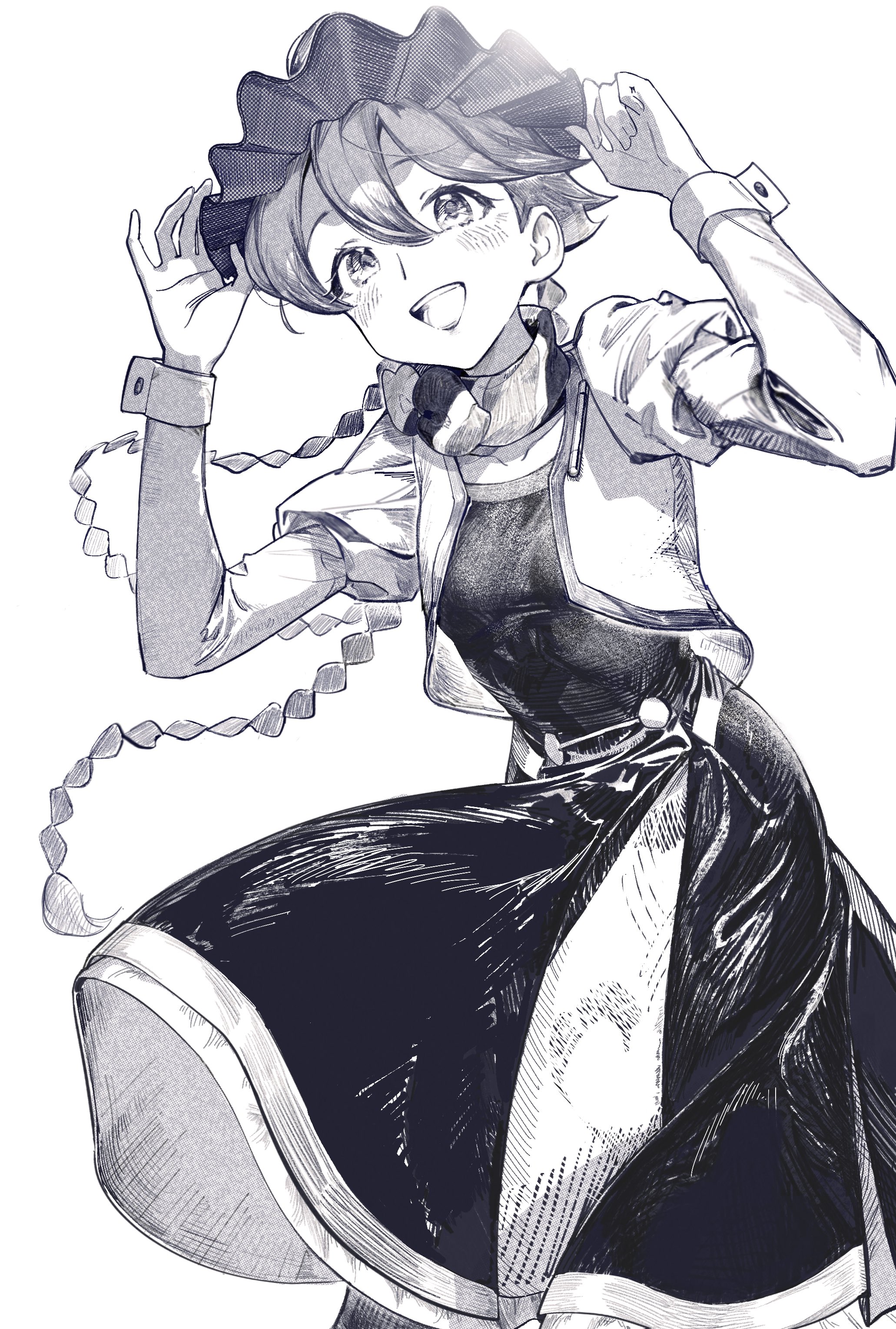 haru udon, yachiyo (apocalypse hotel), apocalypse hotel, absurdres, commentary, highres, 1girl, braid, cropped jacket, dress, greyscale, happy, long hair, monochrome, open mouth, shampoo hat, simple background, smile, solo, twin braids