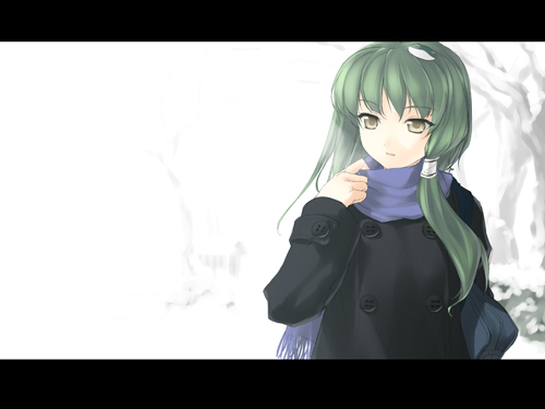 rokuwata tomoe, kochiya sanae, touhou, lowres, 1girl, coat, female focus, letterboxed, scarf, solo