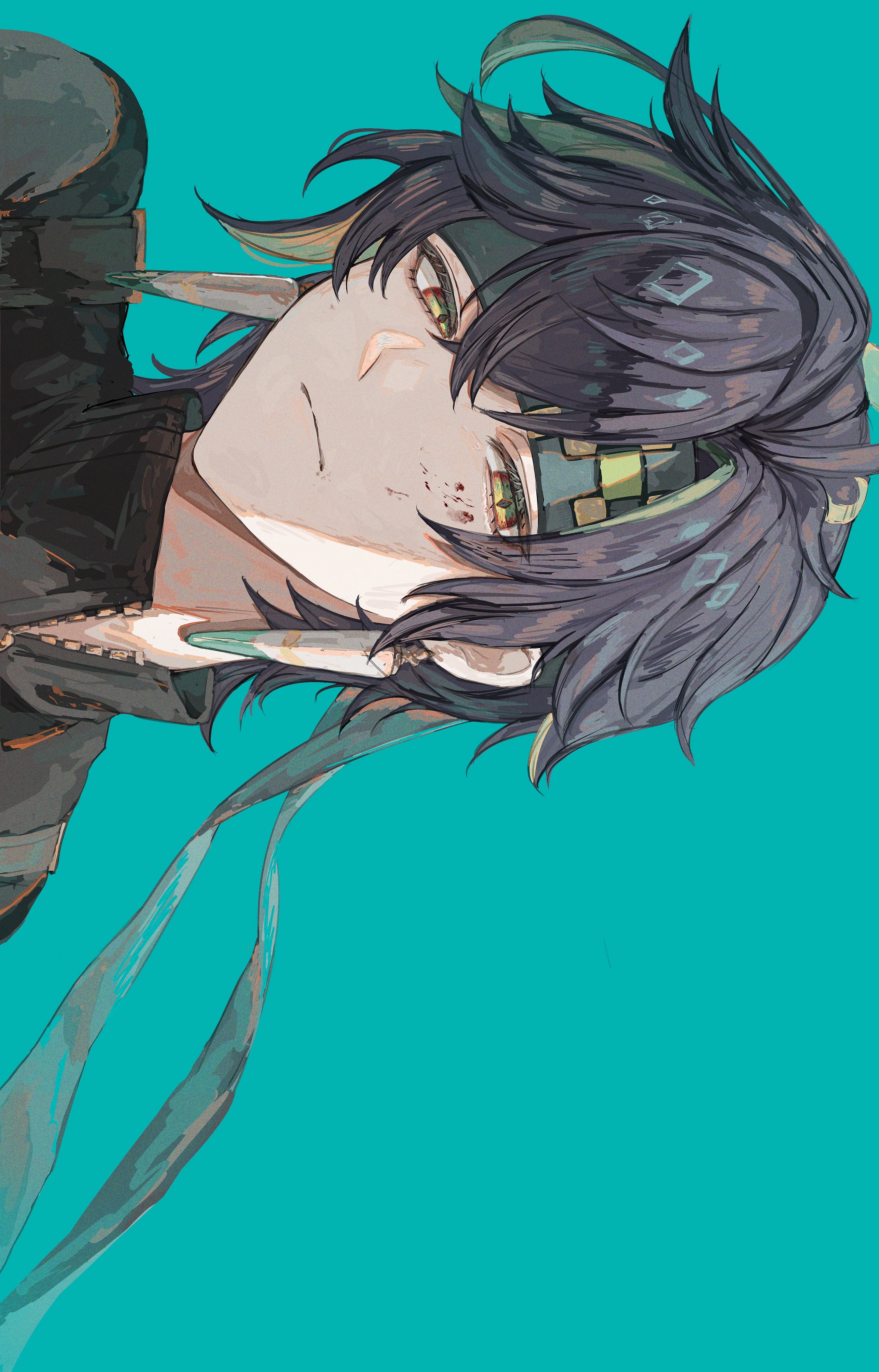 koumimi, kinich (genshin impact), genshin impact, absurdres, highres, 1boy, ahoge, black hair, black shirt, blood, blood on face, closed mouth, crossed bangs, earrings, green background, green headband, green ribbon, hair between eyes, hair ribbon, harness, headband, jewelry, looking at viewer, male focus, multicolored hair, parted bangs, ribbon, shirt, short hair, short sleeves, simple background, solo, streaked hair, tattoo, upper body, yellow eyes, zipper, zipper pull tab