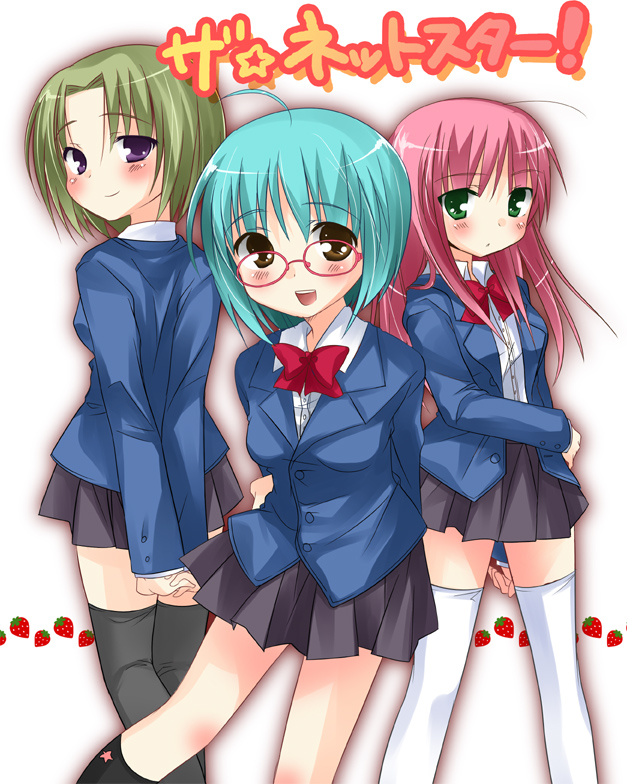 shiratama, shiratama yomogi, original, 3girls, blazer, glasses, multiple girls, school uniform, standing, thighhighs, zettai ryouiki