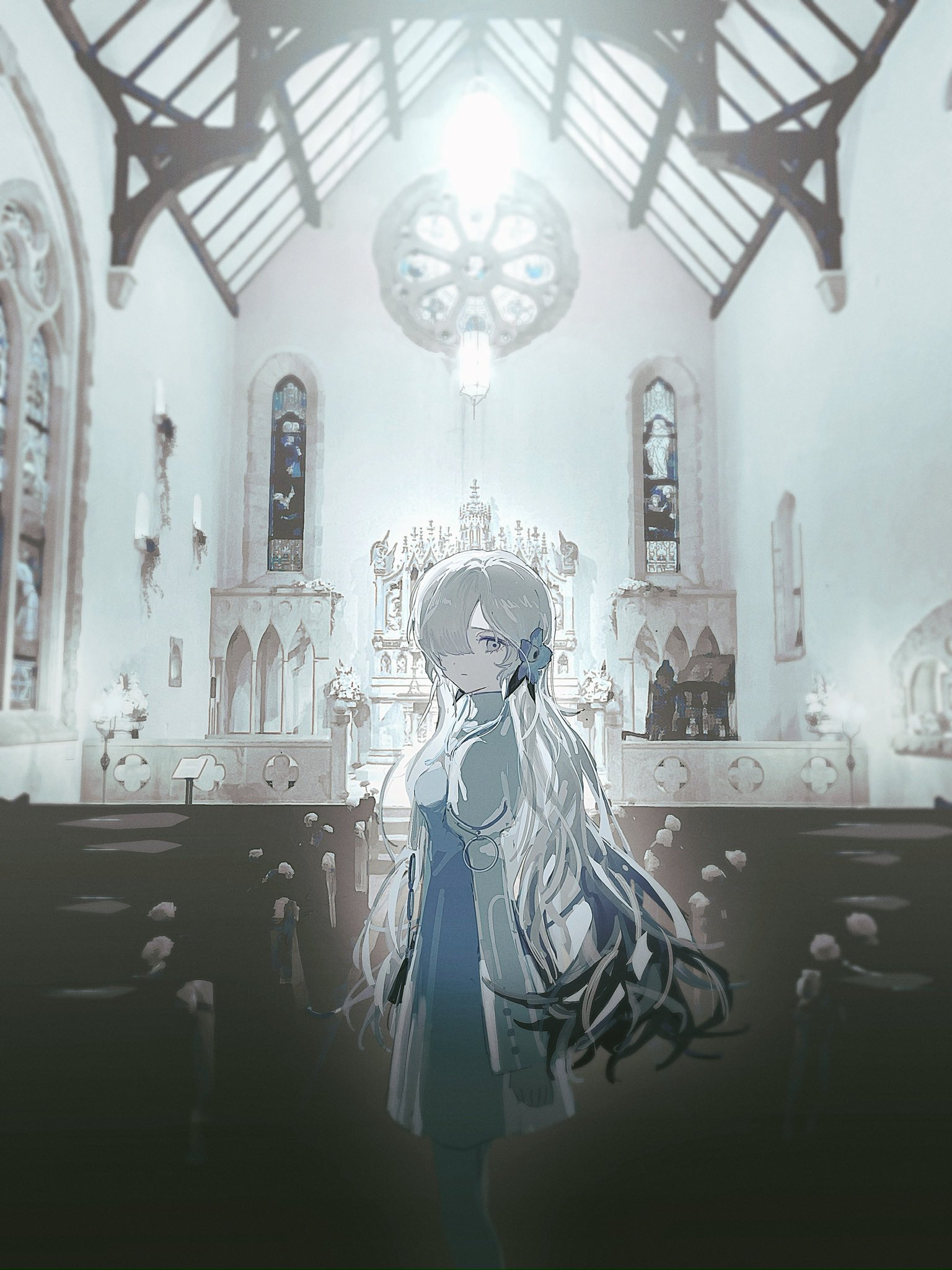 suica 000, isekaijoucho, kamitsubaki studio, highres, 1girl, blue dress, blue flower, ceiling light, church, dress, flower, glowing, grey eyes, hair flower, hair ornament, hair over one eye, indoors, long hair, looking at viewer, solo, stained glass, two-tone dress, virtual youtuber, white dress, white hair