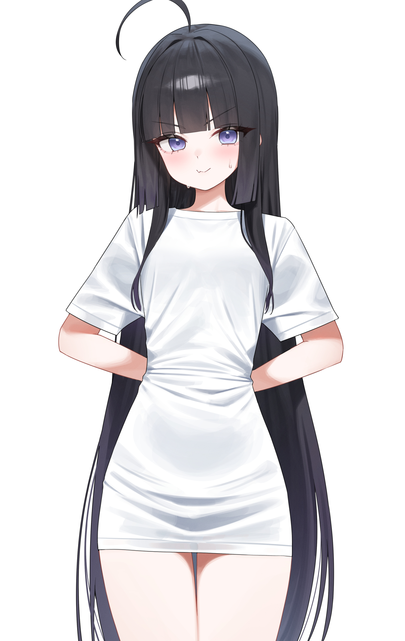 n4 h4m, mang nae (vtuber), indie virtual youtuber, highres, 1girl, ahoge, arms behind back, black hair, blunt bangs, blush, closed mouth, cowboy shot, fang, long hair, looking at viewer, meme, no pants, pajamas challenge (meme), purple eyes, shirt, short sleeves, simple background, skin fang, smile, solo, sweat, thighs, v-shaped eyebrows, very long hair, virtual youtuber, white background, white shirt