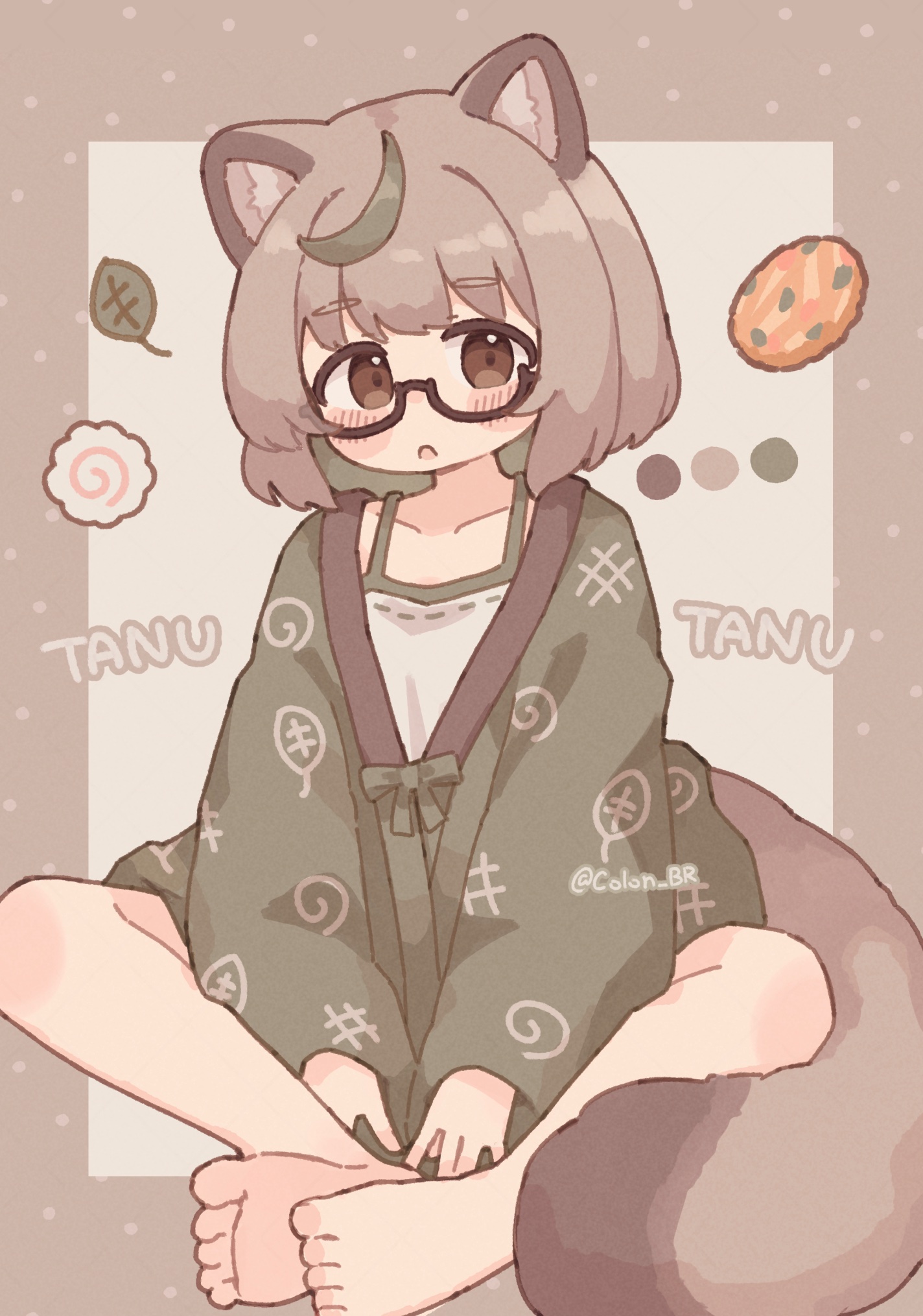 colon br, original, commentary, highres, 1girl, animal ears, barefoot, black-framed eyewear, blush, border, brown border, brown eyes, brown hair, camisole, color guide, feet, food, full body, glasses, green kimono, japanese clothes, kamaboko, kimono, leaf, leaf on head, long sleeves, looking at viewer, narutomaki, open mouth, outside border, raccoon ears, raccoon girl, raccoon tail, semi-rimless eyewear, short hair, simple background, sitting, solo, tail, under-rim eyewear, white camisole