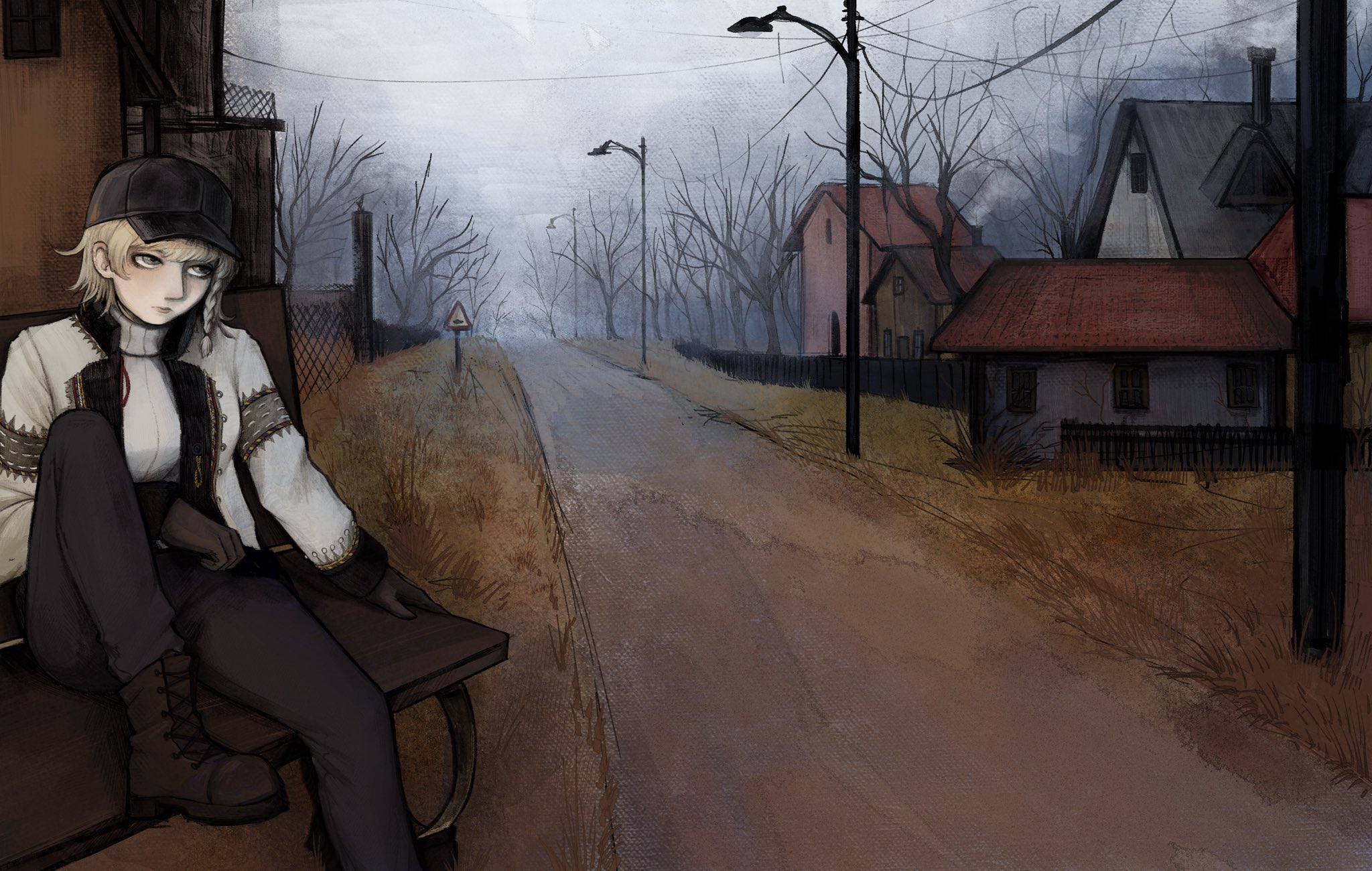 crimescenepartz, original, commission, highres, second-party source, 1girl, autumn, bare tree, baseball cap, black gloves, blonde hair, blue eyes, braid, braided sidelock, cable, dawn, embroidery, expressionless, feet out of frame, fence, fog, gloves, grass, hand on bench, hat, iron fence, lamppost, looking to the side, messy hair, myroslava bozhuk, on bench, real world location, road, road sign, scenery, short hair, sign, single braid, sweater, town, tree, turtleneck, turtleneck sweater, ukraine, ukrainian clothes, wooden fence