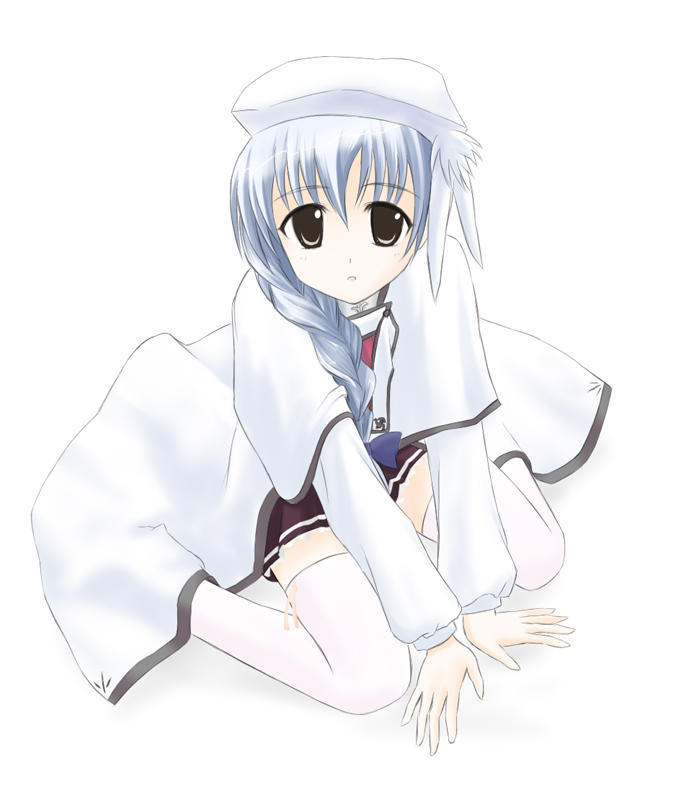 yanose torozou, takatsuki tonoko, haruka ni aogi uruwashi no, beret, blue hair, braid, grey eyes, hat, long hair, skirt, solo, thighhighs, white thighhighs, zettai ryouiki
