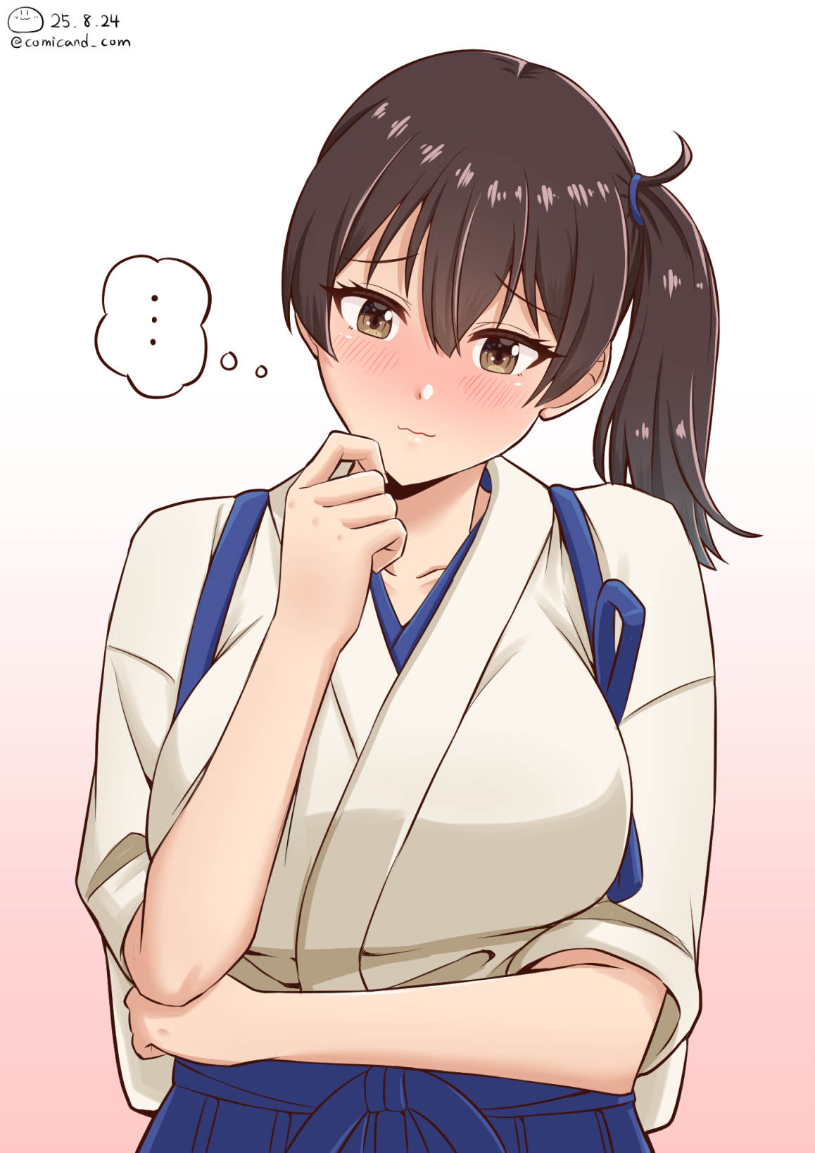 shiromaru (maniado), kaga (kancolle), kantai collection, highres, …, 1girl, blue hakama, blush, breasts, brown eyes, brown hair, hair between eyes, hakama, japanese clothes, large breasts, long hair, short sidetail, side ponytail, solo, speech bubble, tasuki, thought bubble