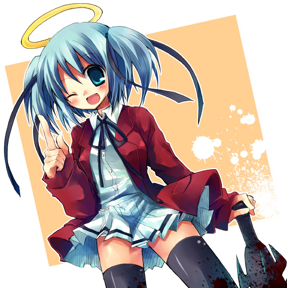suzushiro kurumi, mitsukai dokuro, bokusatsu tenshi dokuro-chan, 00s, 1girl, ;d, blood, blue eyes, blue hair, blush, club, club (weapon), female focus, hair ribbon, kanabou, matching hair/eyes, one eye closed, open mouth, panties, pantyshot, ribbon, school uniform, smile, solo, thighhighs, underwear, weapon, white panties, zettai ryouiki