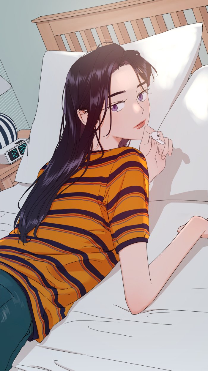 original, highres, 1girl, bed, black hair, clock, closed mouth, digital clock, earbuds, earphones, epum, eyelashes, forehead, holding earbud, indoors, long hair, looking at viewer, looking back, lying, nightstand, on bed, on stomach, orange shirt, pillow, purple eyes, red lips, shirt, short sleeves, solo, straight hair, striped clothes, striped shirt, timestamp, turning head, upper body