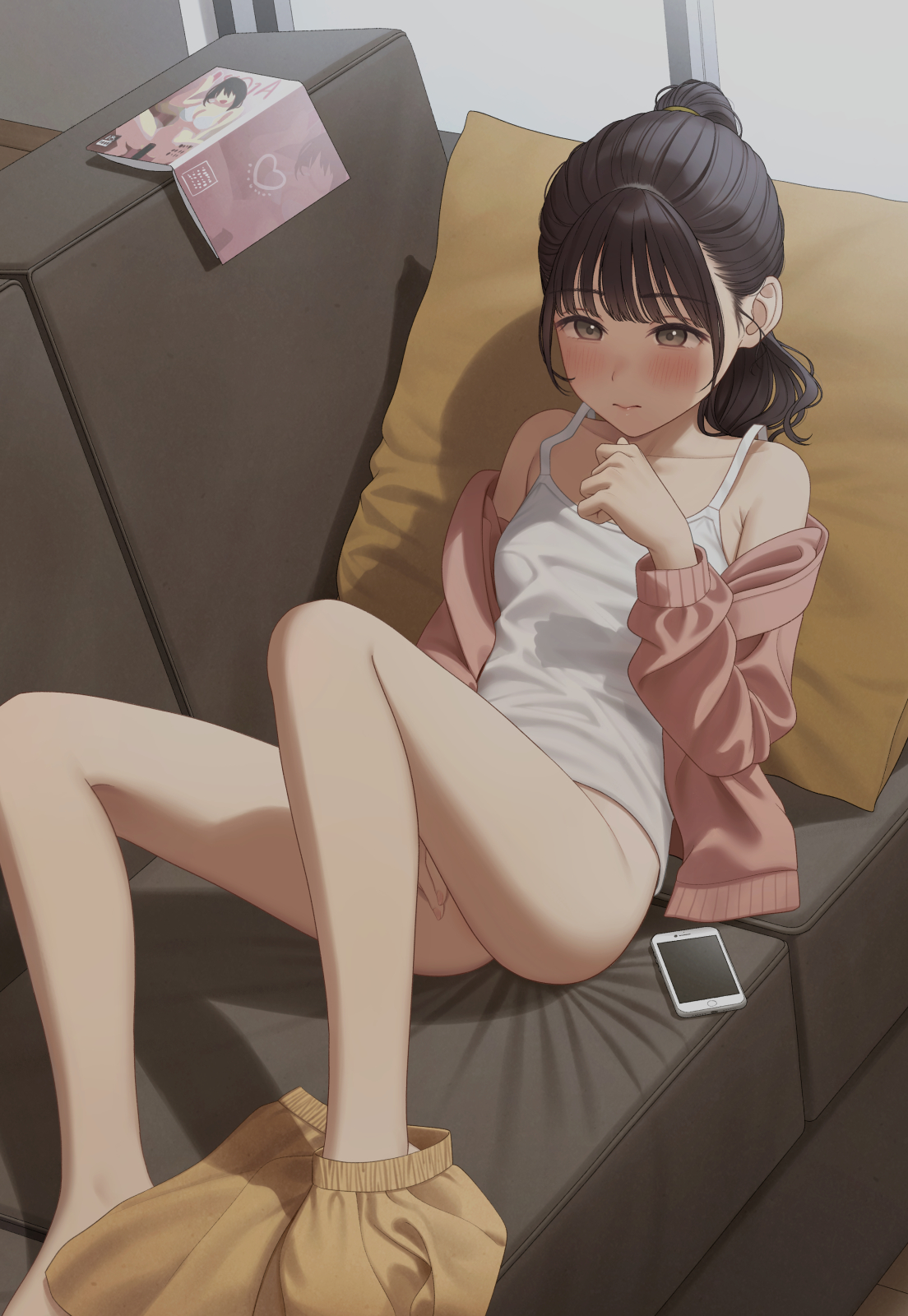 yukiyama momo, original, commentary request, highres, 1girl, armpit crease, between legs, black hair, blush, book, bottomless, brown shorts, camisole, cardigan, cellphone, closed mouth, collarbone, couch, fingernails, grey eyes, hand between legs, implied masturbation, indoors, knees up, living room, long hair, lying, on back, on couch, on pillow, open book, open cardigan, open clothes, phone, pink cardigan, ponytail, pornography, shadow, shorts, shorts around ankles, smartphone, solo, white camisole, window, wispy bangs
