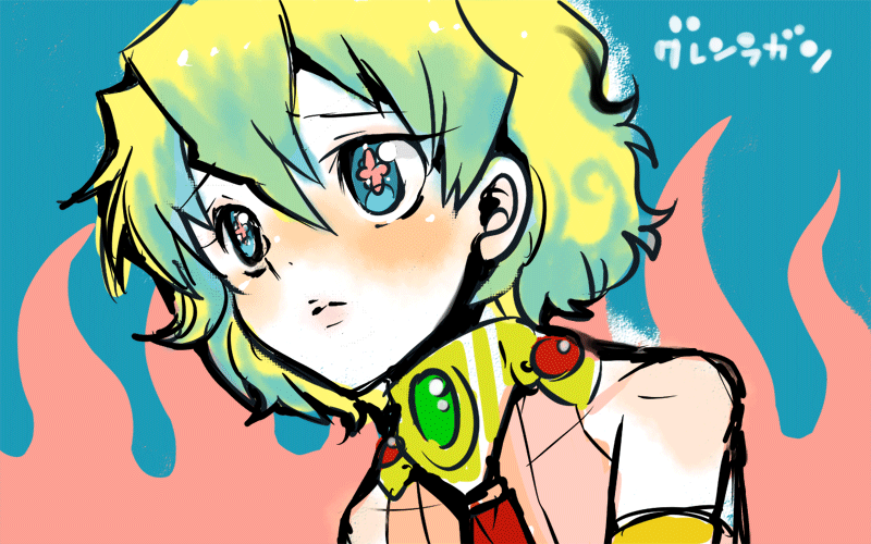 nia teppelin, tengen toppa gurren lagann, + +, 00s, 1girl, bare shoulders, blonde hair, blue eyes, blue hair, brooch, collar, collarbone, cross-shaped pupils, dress, female focus, fire, gem, jewelry, matching hair/eyes, multicolored hair, necktie, pink dress, red necktie, short hair, solo, symbol-shaped pupils, two-tone hair, upper body