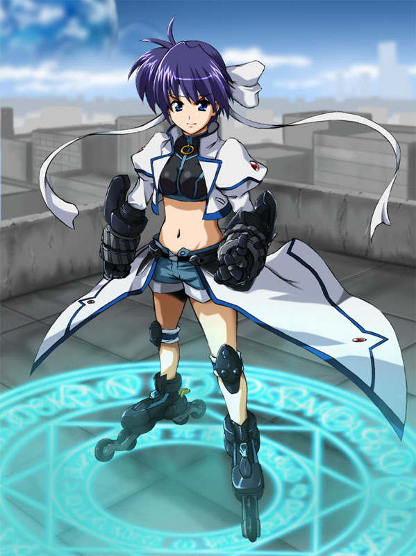 fujitama, fujitama (lose dog), mach caliber, revolver knuckle, subaru nakajima, lyrical nanoha, mahou shoujo lyrical nanoha, mahou shoujo lyrical nanoha strikers, 00s, 1girl, blue eyes, blue hair, female focus, inline skates, magic circle, matching hair/eyes, midriff, roller skates, short hair, skates, solo