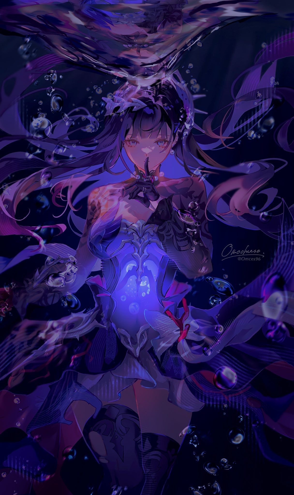 omces96, hysilens (honkai: star rail), honkai: star rail, honkai (series), highres, 1girl, black gloves, black hair, black shrug, black thighhighs, breasts, dark background, dress, earrings, finger to mouth, floral print, gloves, head ornament, jewelry, long hair, looking at viewer, medium breasts, pearl earrings, purple dress, purple eyes, see-through body, shrug (clothing), solo, thighhighs, underwater