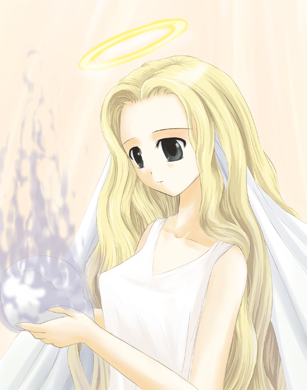 yanose torozou, mistress of shelter, ragnarok online, 1girl, angel, angel wings, bare shoulders, blonde hair, blue eyes, collarbone, dress, female focus, floating, floating object, halo, long hair, skull, sleeveless, sleeveless dress, solo, traditional halo, very long hair, white dress, wings