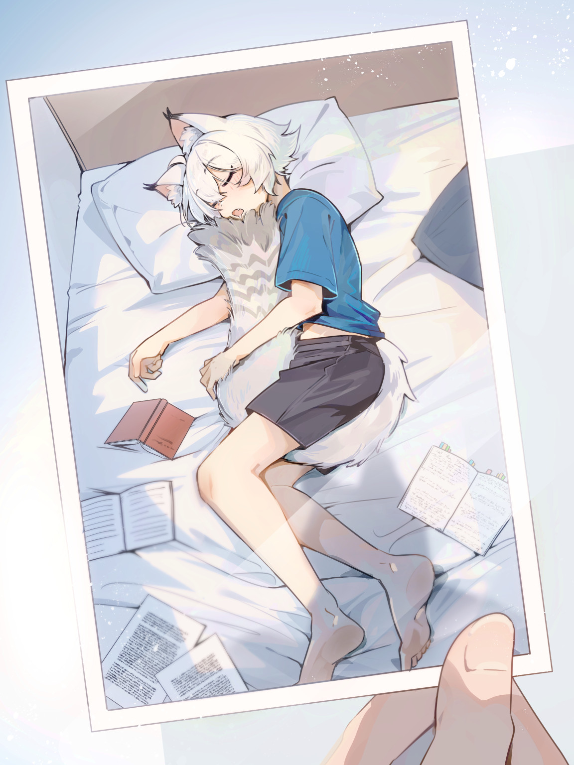 5005910z, seth lowell, zenless zone zero, commentary request, highres, 1boy, alternate costume, animal ear fluff, animal ears, barefoot, bed, black shorts, blue shirt, blush, book, cat boy, cat ears, cat tail, closed eyes, holding, holding photo, hugging own tail, hugging tail, lying, male focus, on bed, on side, open mouth, paper, photo (object), pillow, saliva, shirt, short sleeves, shorts, sleeping, solo, tail