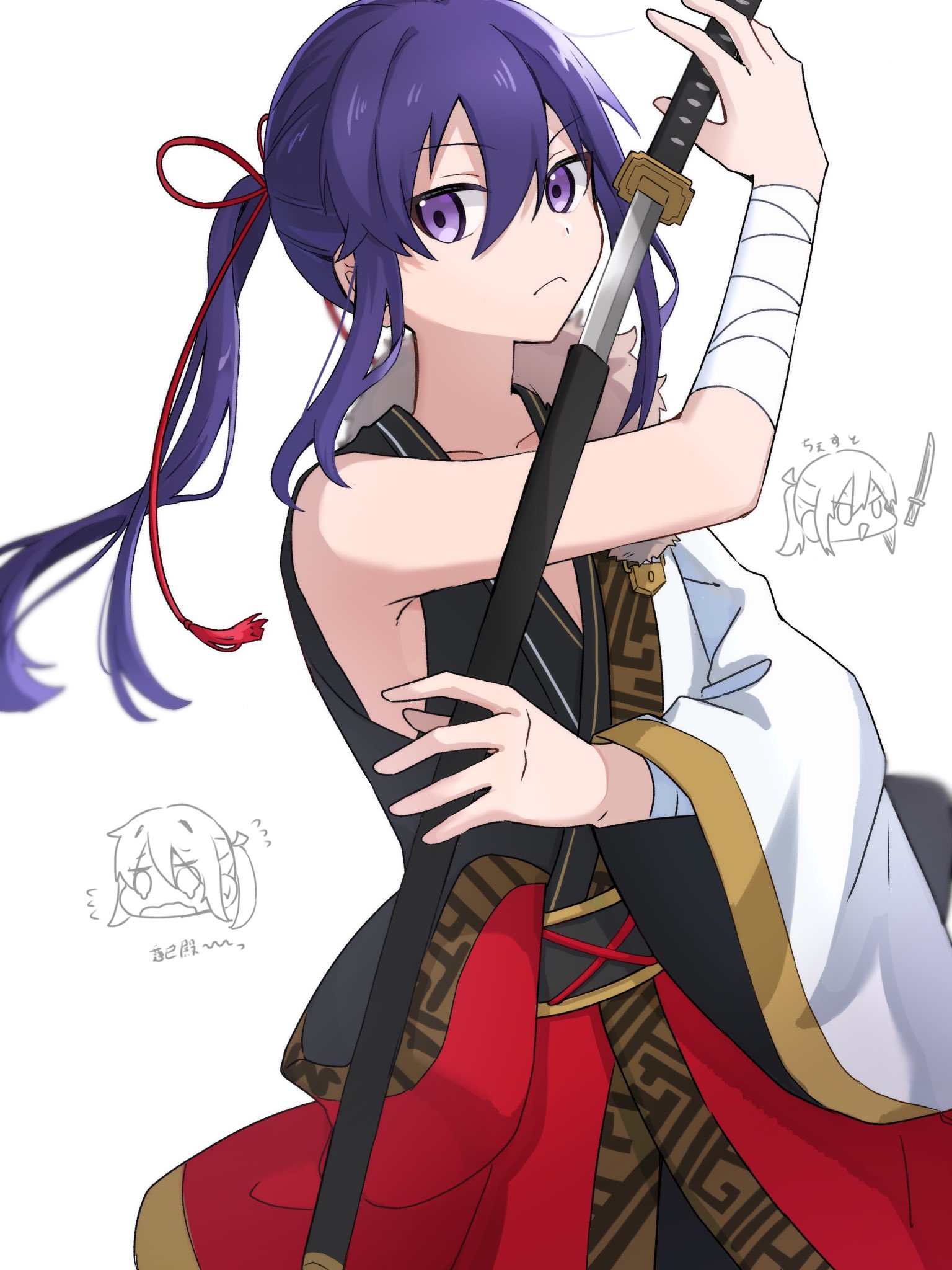 sako nako, kanzaki souma, ensemble stars!, highres, 1boy, :<, :d, armpit crease, armpit peek, black tank top, blunt ends, blurry, blurry background, chibi, chibi inset, closed mouth, collarbone, cowboy shot, double-parted bangs, flying sweatdrops, fur collar, hadanugi dousa, hair between eyes, hair ribbon, hand up, holding, holding sword, holding weapon, idol, japanese clothes, katana, kimono, long hair, looking at viewer, low-cut armhole, male focus, motoyui, open kimono, open mouth, ponytail, purple eyes, purple hair, raised eyebrows, red kimono, red ribbon, ribbon, sheath, sidelocks, simple background, smile, sword, tank top, tearing up, two-tone kimono, unsheathing, v-shaped eyebrows, wavy mouth, weapon, white background, white kimono, wrist wrap
