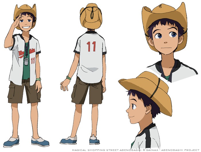 imamiya satoshi, abenobashi mahou shoutengai, 00s, 1boy, black eyes, black hair, cowboy hat, grin, hat, looking at viewer, male focus, production art, reference sheet, shorts, simple background, smile, solo, white background
