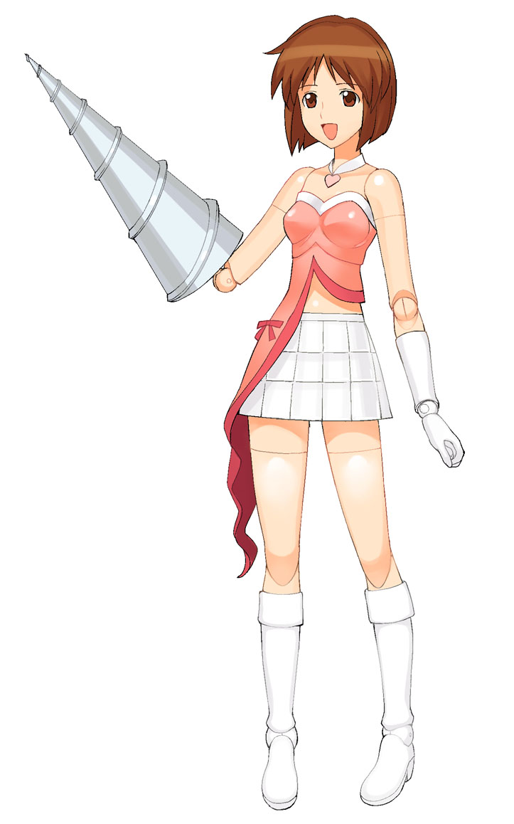 a1 (initial-g), hagiwara yukiho, idolmaster, idolmaster (classic), idolmaster 1, 00s, 1girl, boots, brown eyes, brown hair, cute & girly (idolmaster), doll joints, drill, facing viewer, female focus, gloves, joints, matching hair/eyes, open mouth, short hair, simple background, skirt, solo, standing, white background, white boots, white gloves, white skirt