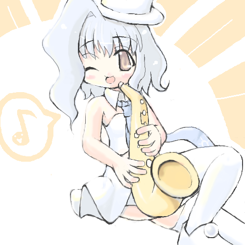 merlin prismriver, touhou, lowres, 1girl, chibi, female focus, hat, instrument, music, oekaki, one eye closed, saxophone, short hair, solo, thighhighs, white hair, wink